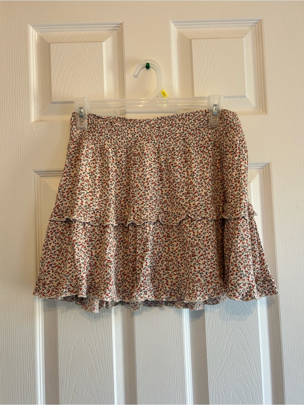 Tiered Floral Mini Skirt - Cream with Red Floral Print